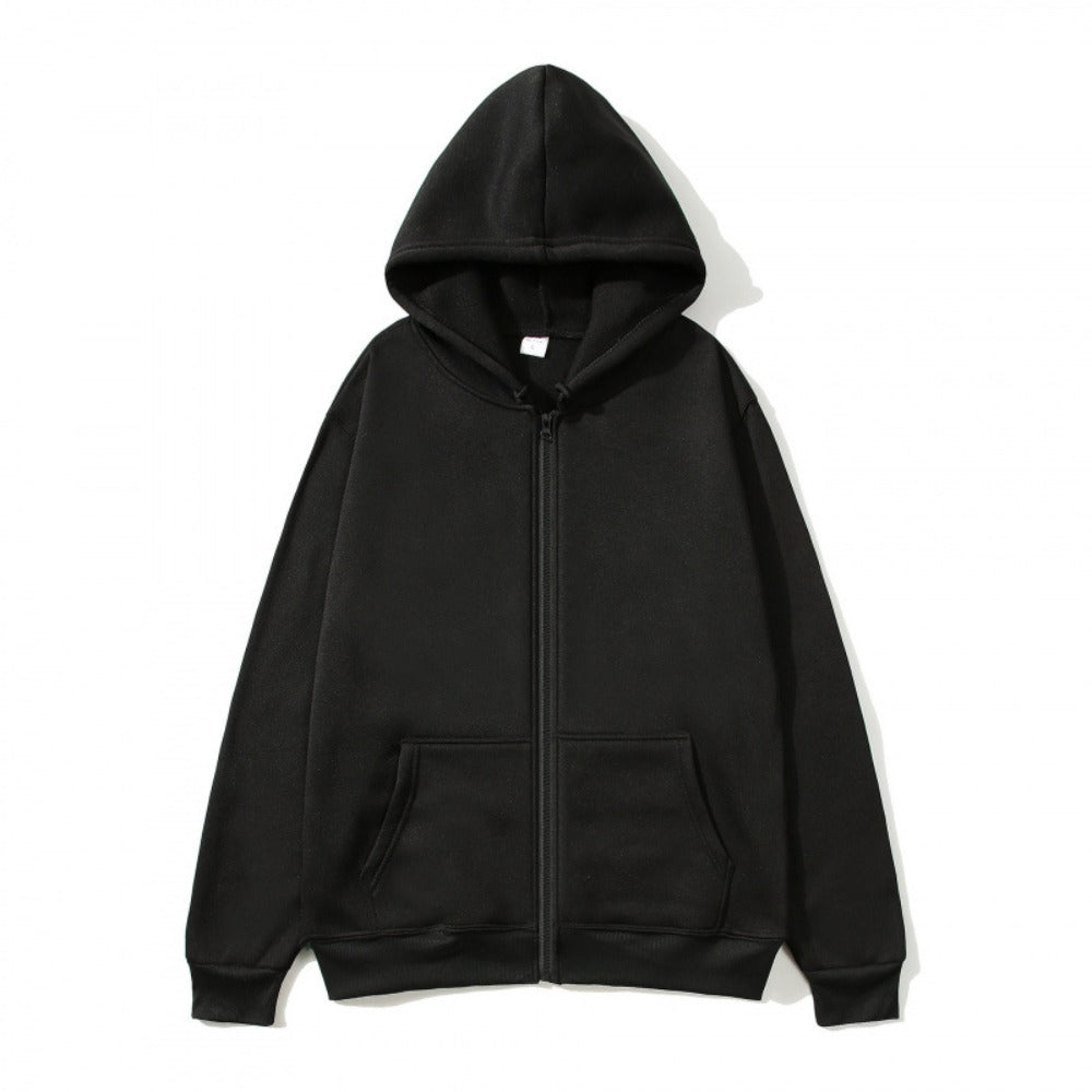 Unisex Zip-Up Hoodie Open-Front Solid Color Sportswear Top