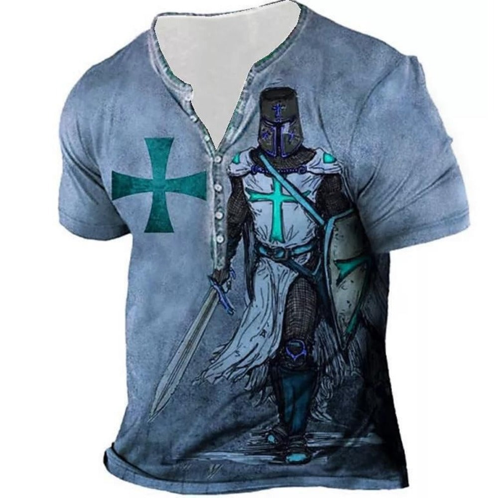 Summer New Men's 3D Digital Print Seven-Button V-Neck Short-Sleeve T-Shirt