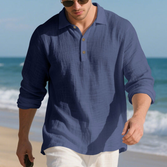 Autumn American Style Loose Linen Flip Collar Button Casual Business Men's Long Sleeve Shirt