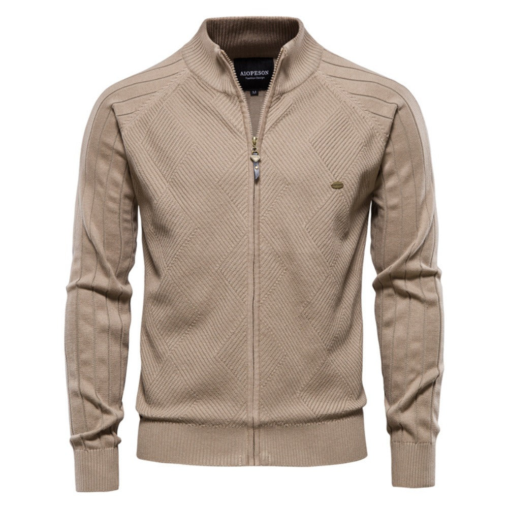 2025 Fall & Spring Men’s Cardigan Sweater - Solid Color Ribbed Collar Knit Pullover, Casual High Neck