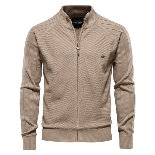 2025 Fall & Spring Men’s Cardigan Sweater - Solid Color Ribbed Collar Knit Pullover, Casual High Neck
