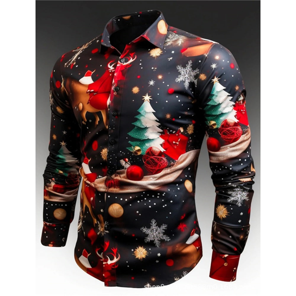 New Plus Size Men's 3D Christmas Print Slim Fit Men's Christmas Print Long Sleeve Shirt Fashion