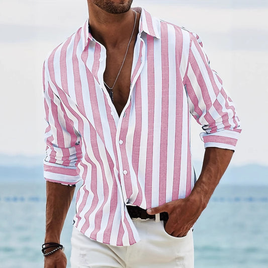 Men's Spring/Autumn Daily Casual Yarn-Dyed Stripe Flip Collar Long Sleeve Shirt