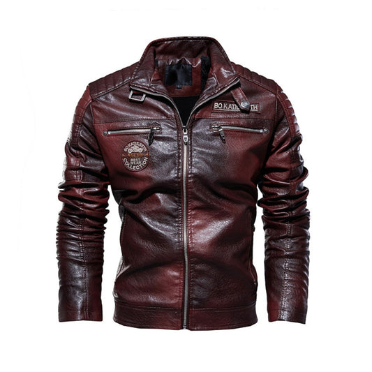 New Men's PU Leather Biker Jacket Fleece-Lined Coat
