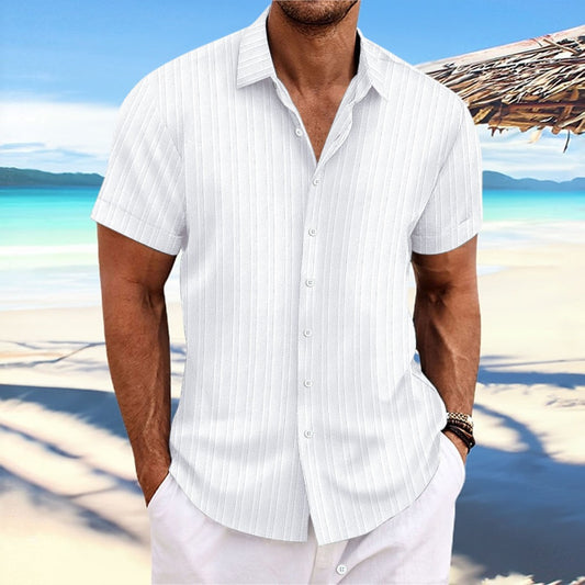 Solid Color Jacquard Wave Stripe Short Sleeve Shirt Men's Daily Casual Open Front