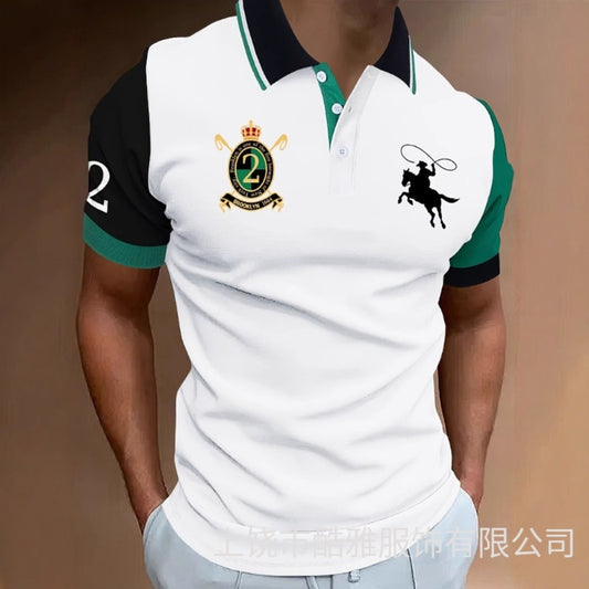 Polo Shirt Color-Block Print Men's Wear Short Sleeve Casual Fitted Turn-Down Collar Shirt
