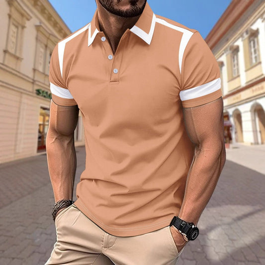 Summer Men's Casual Turn-Down Collar Short Sleeve Polo Shirt Color-Block Outdoor Sport Polo Shirt