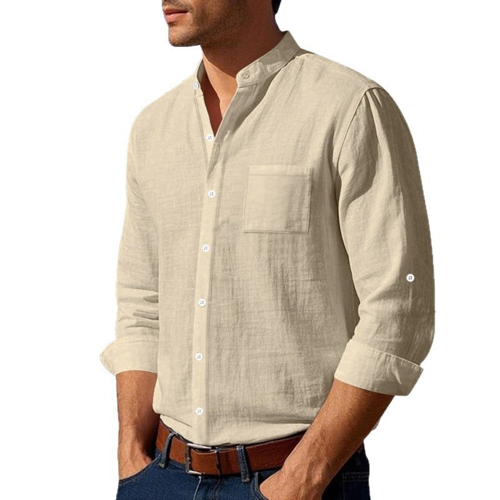 Spring/Autumn Linen Long Sleeve Shirt Stand Collar Casual Men's Shirt New Chinese Style Patch Pocket