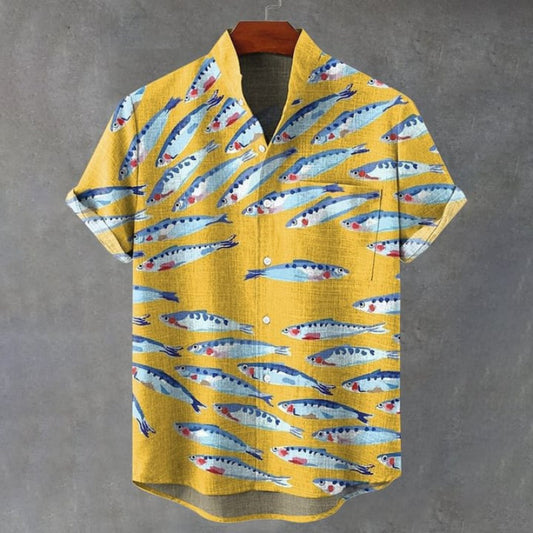 Print Fish School Shirt 3D Pattern Single Button Bamboo Men's Open Front Stand Collar Short Sleeve