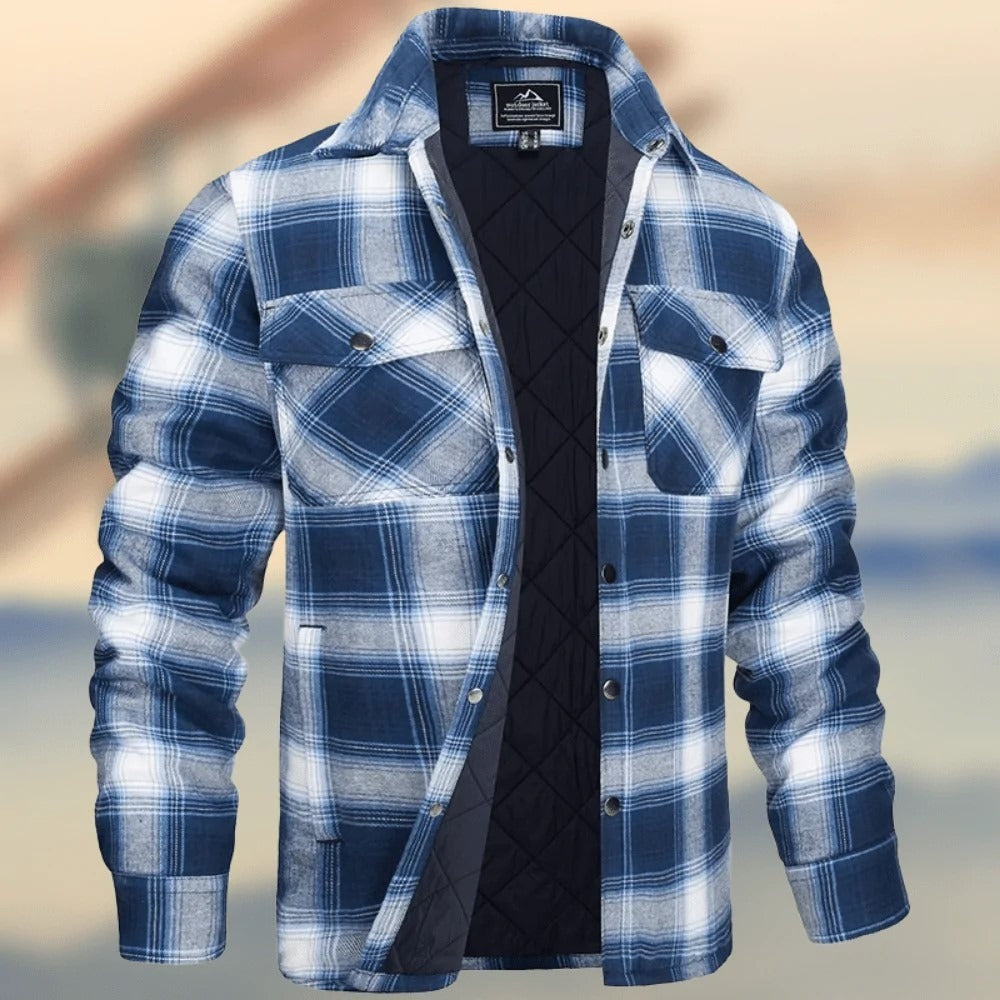 Men's Plaid Quilted Jacket - Winter Warm Long Sleeve Padded Coat Loose Fit Casual Outerwear