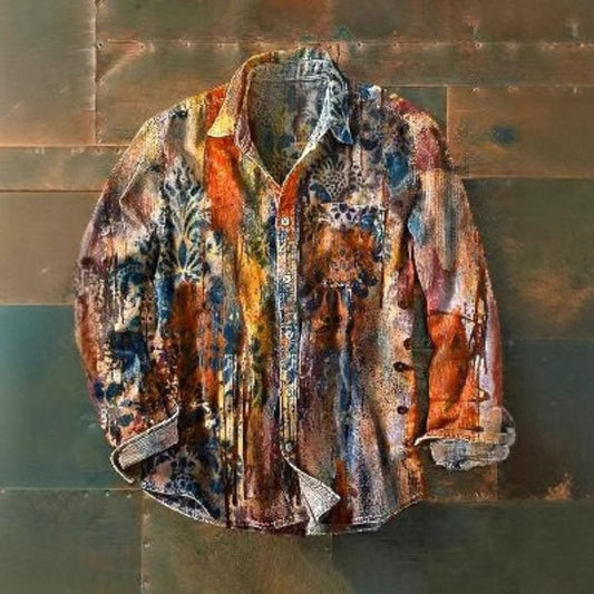 170GSM Retro Color-Block Men's Long Sleeve Button-Up Shirt