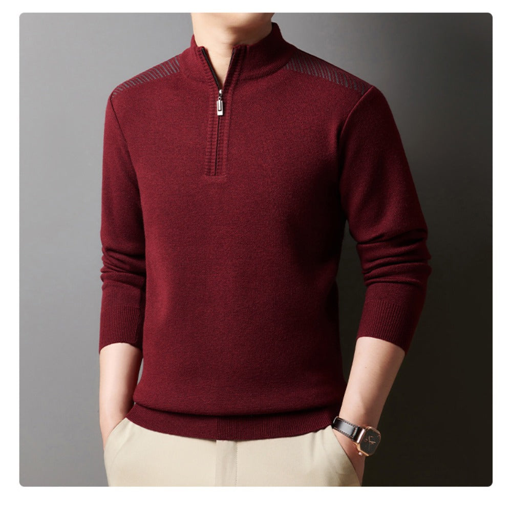 Stand-Up Collar Zipper Knit Sweater for Men – Casual Solid Color Pullover