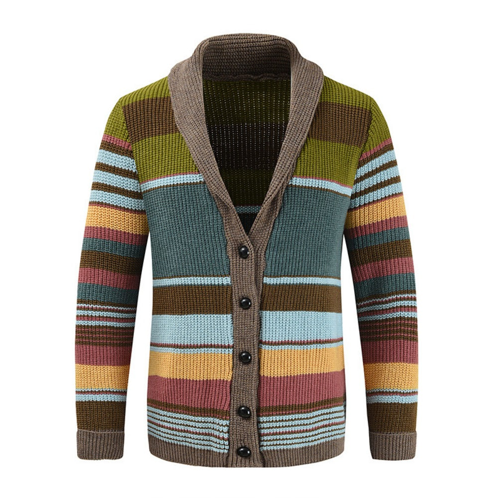 Men’s Knitted Cardigan with Lapel Contrast Color Thickened Winter Sweater