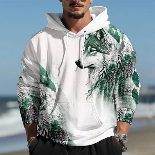 New Men's Animal Print Hoodie Loose Fit Pullover