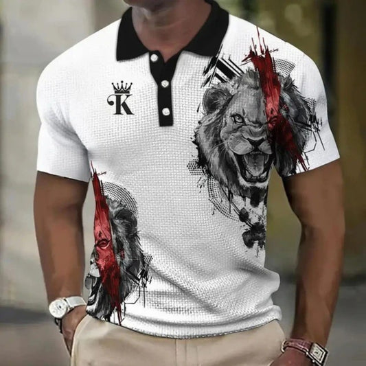 New Summer Men's Polo Shirt Patchwork Print 3D Print Simple Turn-Down Collar Button Shirt