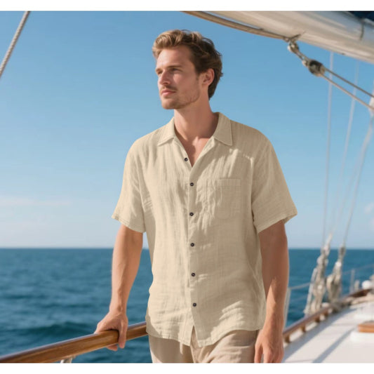 Summer Men's Linen Short Sleeve Shirt Casual Breathable Button Shirt Beach Loose Linen Top
