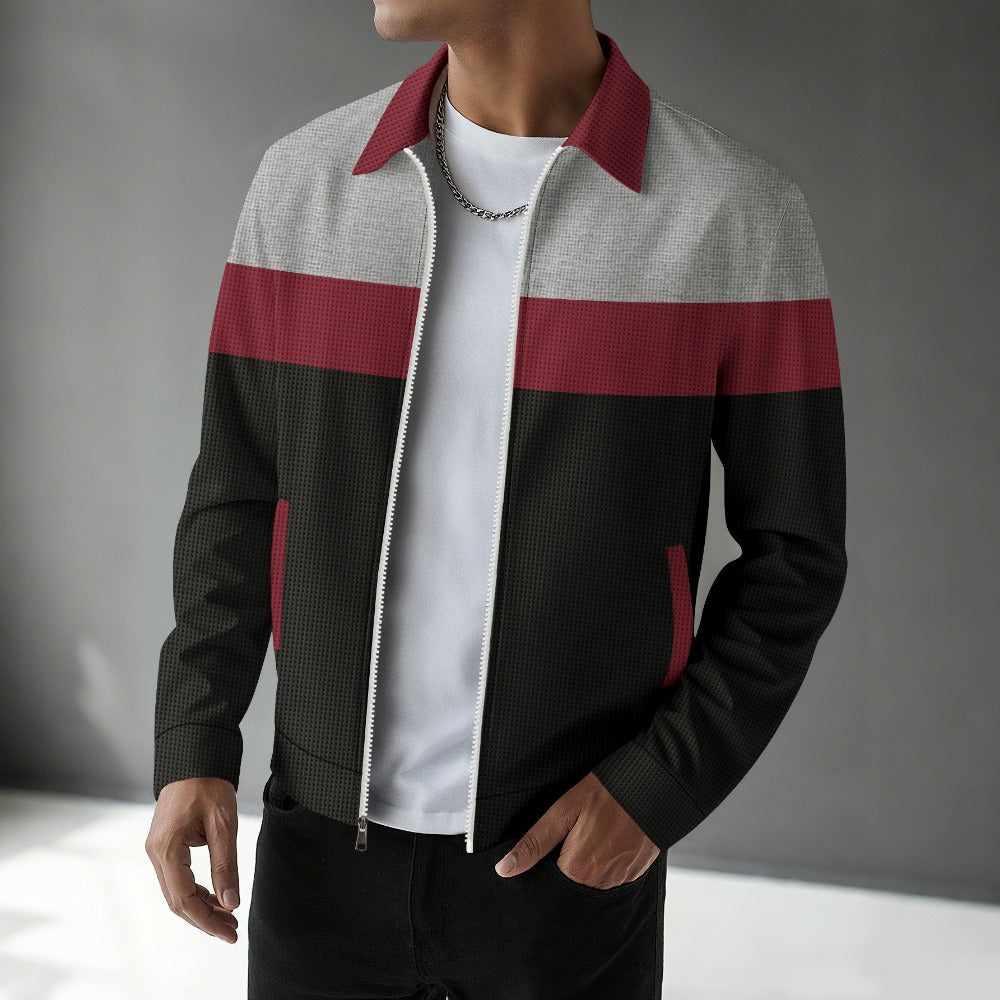 Men’s Autumn Colorblock Waffle Jacket Zip Pocket Turn-Down Collar Cardigan Slim Fit Jacket