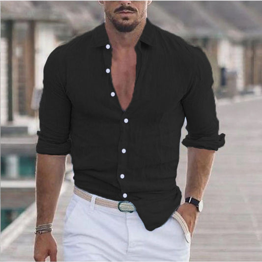 New Men's Summer Linen Flip Collar Beach Shirt Long Sleeve Solid Color Hawaiian Holiday Outfit