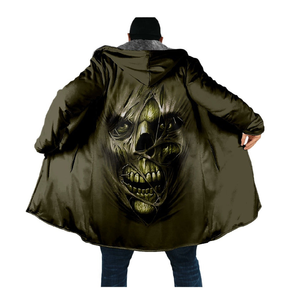 Skull Hooded Cape Button-Up 3D Print Fleece-Lined Trench Coat