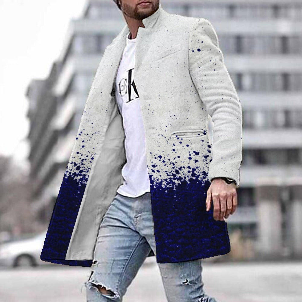 New Men's Stand Collar Wool Blend Long Coat