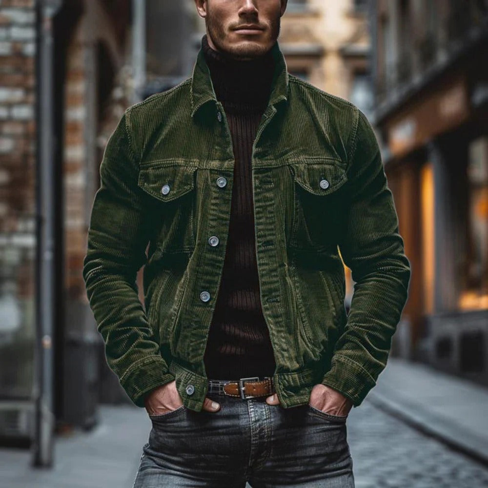 New Men's Corduroy Long-Sleeve Striped Lapel Jacket with Pockets
