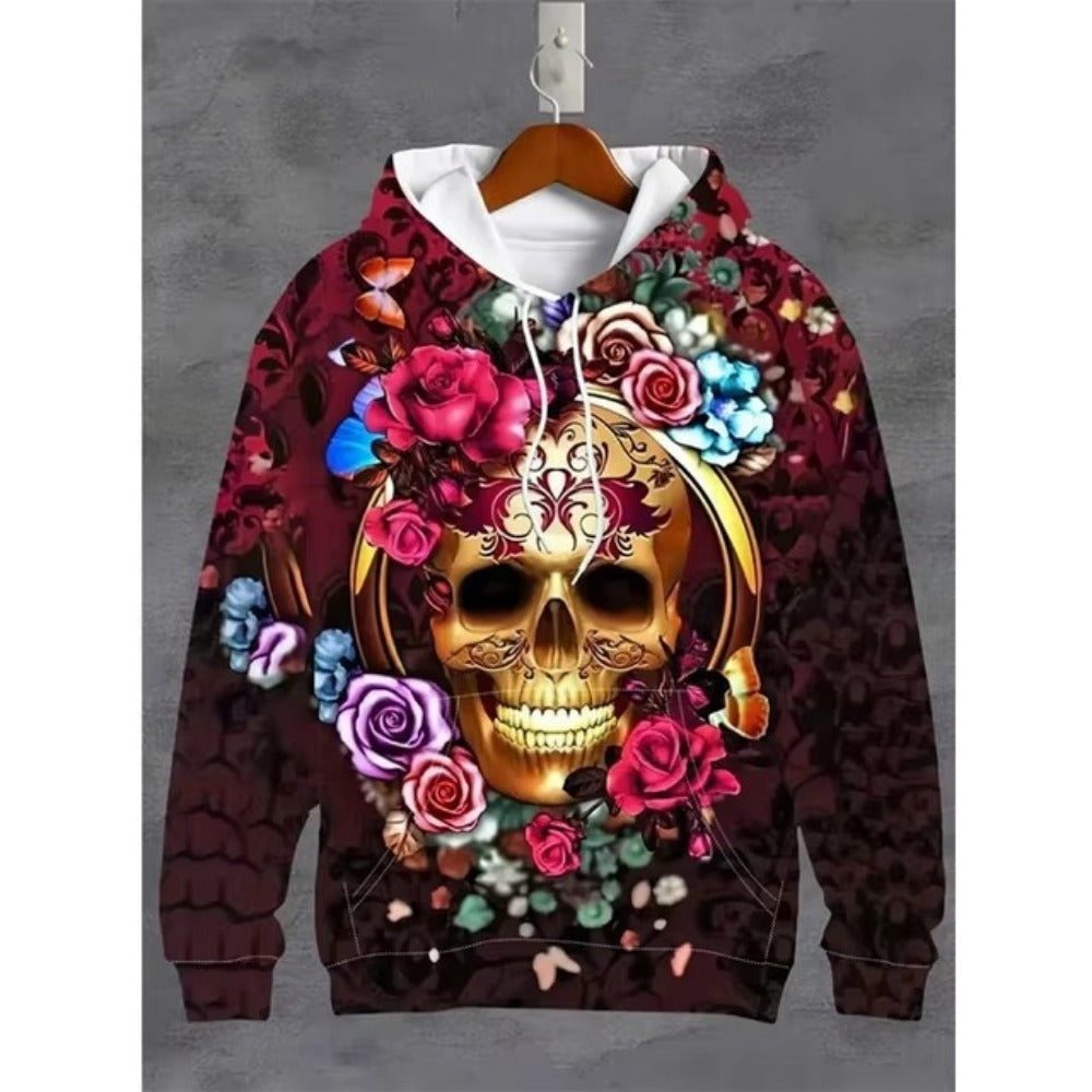 Vintage Men's Sweatshirt 3D Digital Print Skull Design Casual Hoodie
