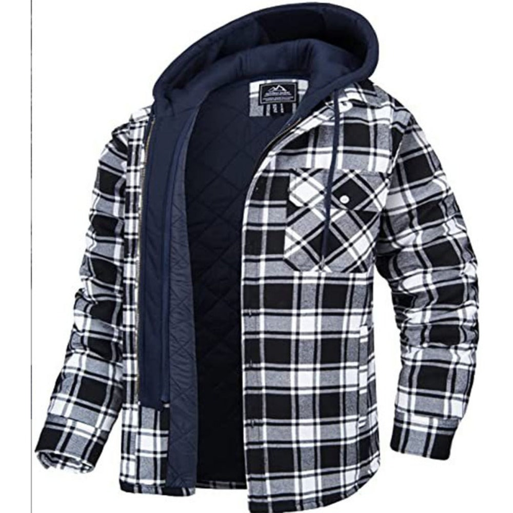 Men's Thick Plaid Long-Sleeve Hooded Padded Jacket