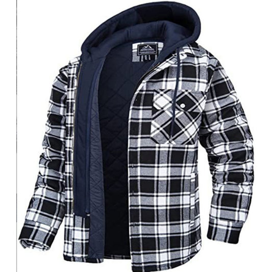 Men's Thick Plaid Long-Sleeve Hooded Padded Jacket