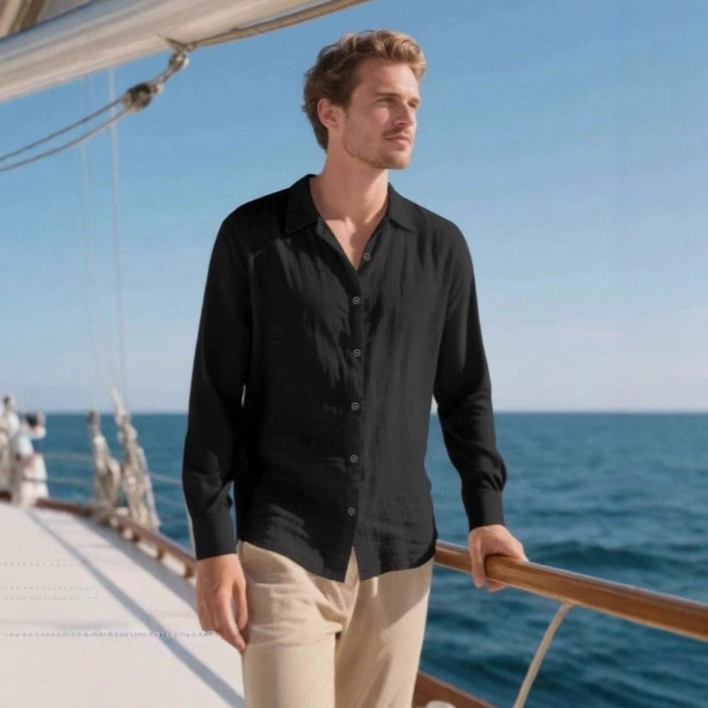 Men's Linen Cuban Collar Long Sleeve Shirt Men's Autumn New Linen Jacket