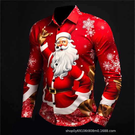 New Plus Size Men's 3D Christmas Print Slim Fit Men's Christmas Print Long Sleeve Shirt Fashion