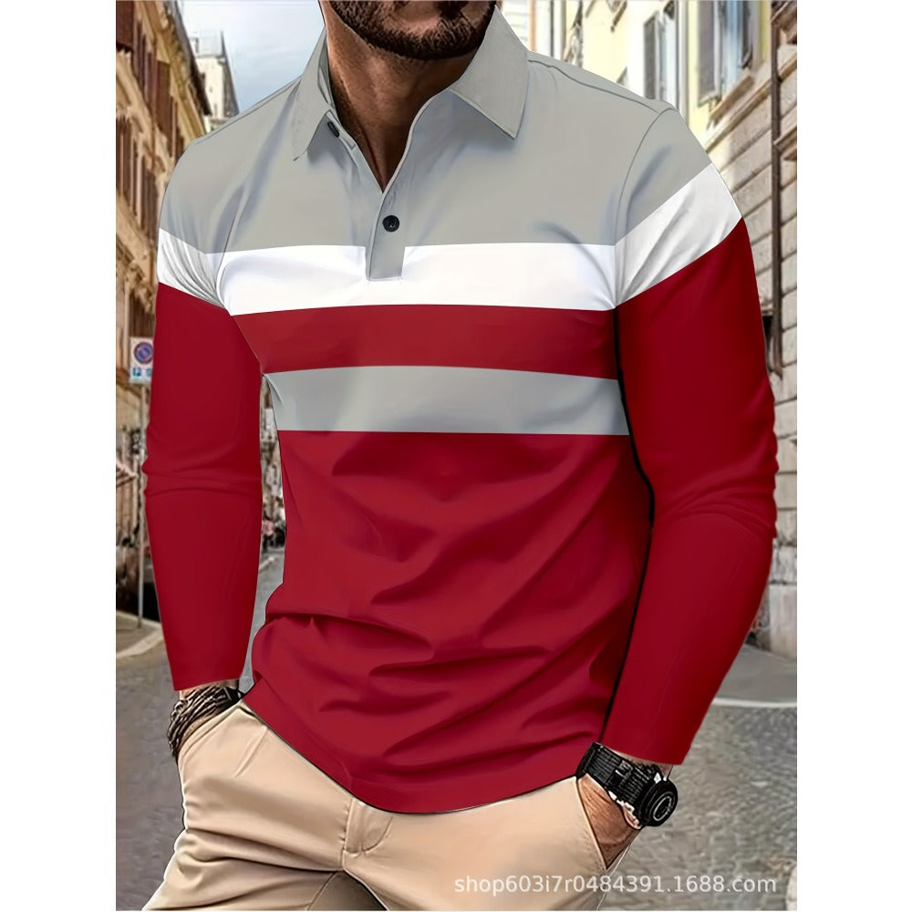 New Men's Casual Polo Shirt Long Sleeve 3D Print Spring Autumn Style Turn-Down Collar Top