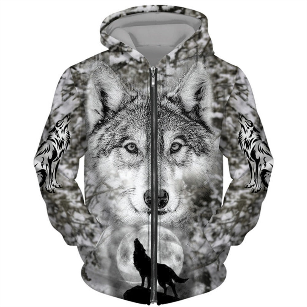 3D Wolf Series Printed Zip-Up Hoodie Unisex Couple's Jacket Casual Fashion Outerwear