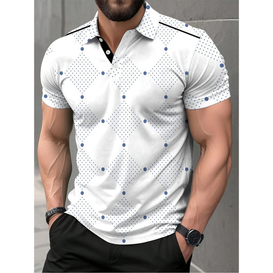 Fashion Irregular Geometric Pattern Men's Summer Fashion New Short Sleeve Button Turn-Down Collar Polo Shirt