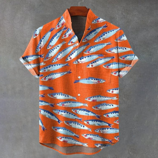 Print Fish School Shirt 3D Pattern Single Button Bamboo Men's Open Front Stand Collar Short Sleeve