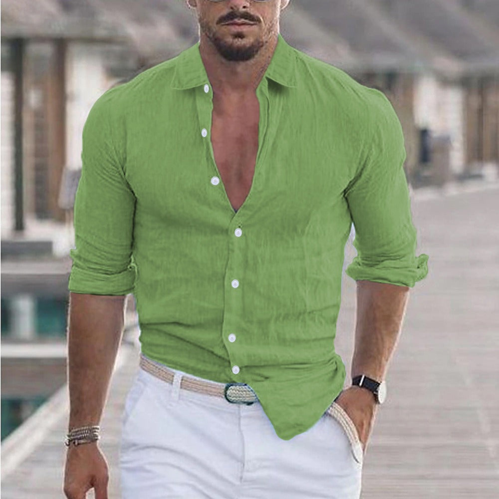 New Men's Summer Linen Flip Collar Beach Shirt Long Sleeve Solid Color Hawaiian Holiday Outfit