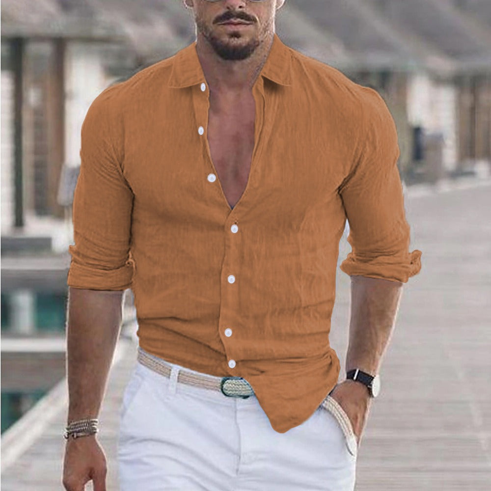 New Men's Summer Linen Flip Collar Beach Shirt Long Sleeve Solid Color Hawaiian Holiday Outfit