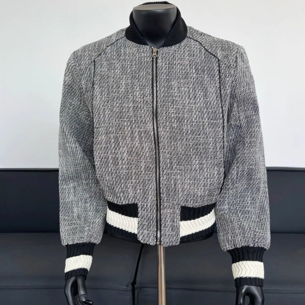 Chanel-Style Knit Men's Baseball Collar Oversized Zip-Up Jacket