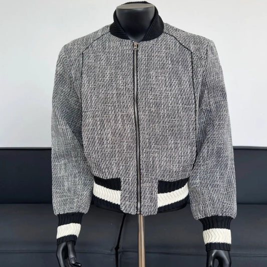 Chanel-Style Knit Men's Baseball Collar Oversized Zip-Up Jacket