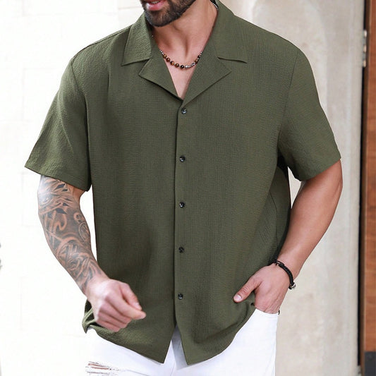 Men's Thin Textured Green Premium Short Sleeve Shirt New Casual Wrinkle Effect Summer Trendy