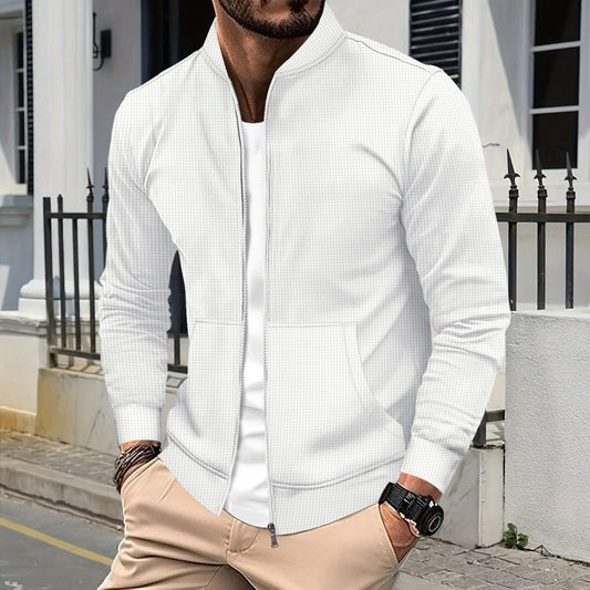 Men’s Waffle Texture Zip Bomber Jacket Solid Color Long Sleeve Coat with Pockets