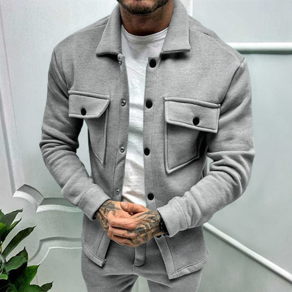 Men’s Fashion Casual Button Pocket Fleece Jacket Long Sleeve Solid Color Outerwear