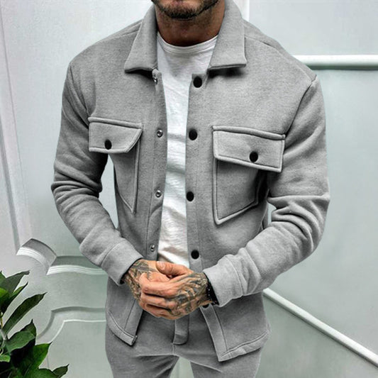 Men’s Fashion Casual Button Pocket Fleece Jacket Long Sleeve Solid Color Outerwear