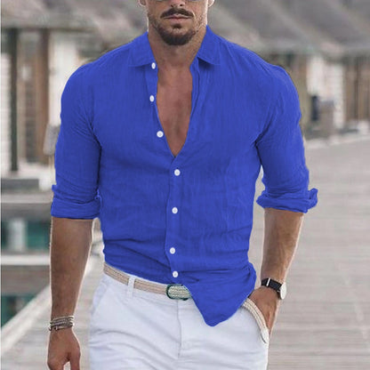 New Men's Summer Linen Flip Collar Beach Shirt Long Sleeve Solid Color Hawaiian Holiday Outfit