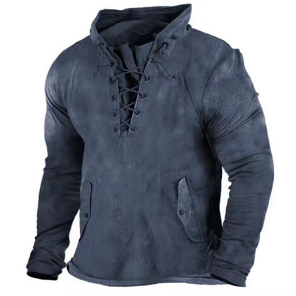 Men's Retro Tie-Front Hooded T-Shirt Loose Solid Color Outdoor Casual Top