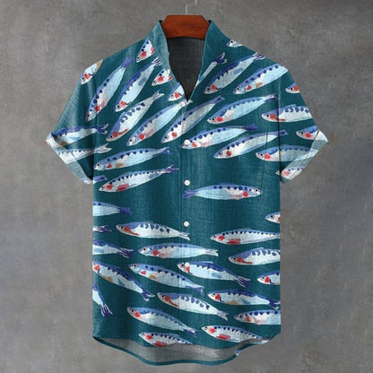 Print Fish School Shirt 3D Pattern Single Button Bamboo Men's Open Front Stand Collar Short Sleeve