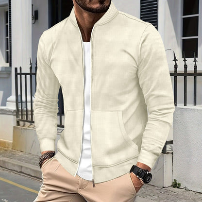 Men’s Waffle Texture Zip Bomber Jacket Solid Color Long Sleeve Coat with Pockets