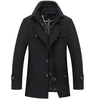 New Men's Wool Blend Double-Collar Thick Lapel Coat