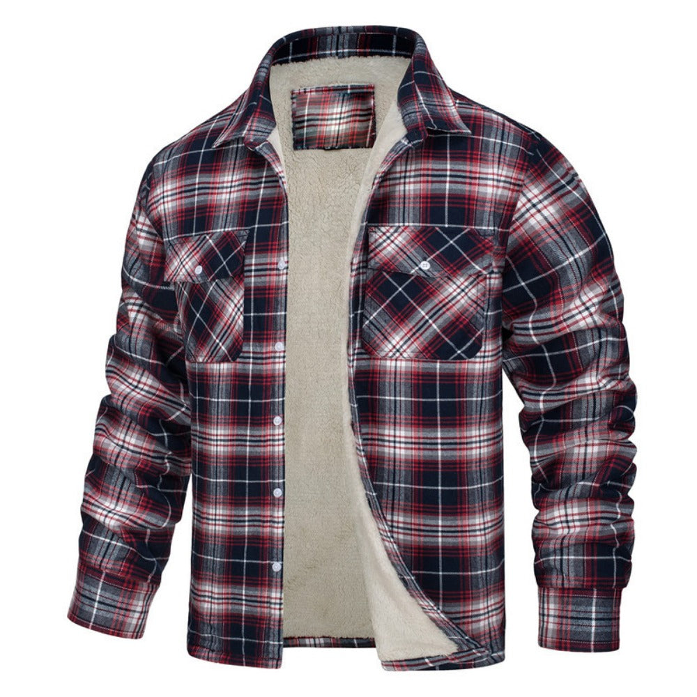 New Fleece-Lined Plaid Long-Sleeve Lapel Button-Up Casual Jacket