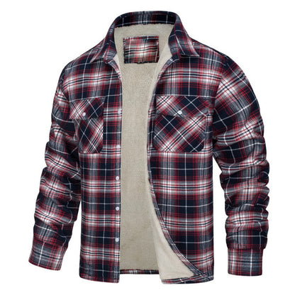 New Fleece-Lined Plaid Long-Sleeve Lapel Button-Up Casual Jacket
