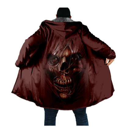 Skull Hooded Cape Button-Up 3D Print Fleece-Lined Trench Coat